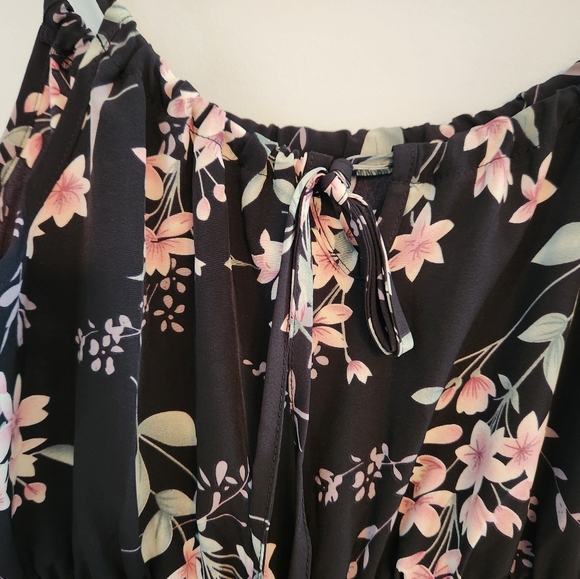 Sason Black Floral Mini Dress with Spaghetti Straps.  Size SP.  Tie front. - Picture 2 of 4